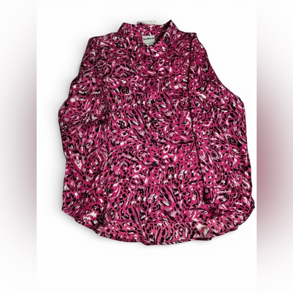 BonWorth Pink Leopard Print Button Down Blouse Petite Medium NWOT